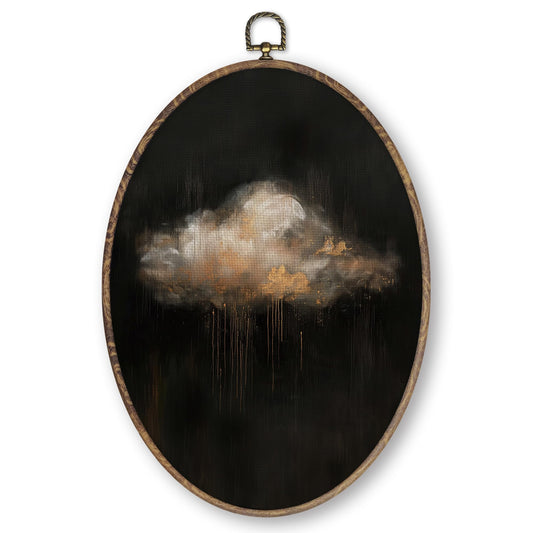 Qskjre Vintage Moody Celestial Cloud Wall Art Decor, Dark Academia Gothic Gold Cloud Oval Wood Framed Canvas Wall Artwork, Minimalist Hanging Prints for Living Room Bedroom Decorations, 8.6x11.4 inch