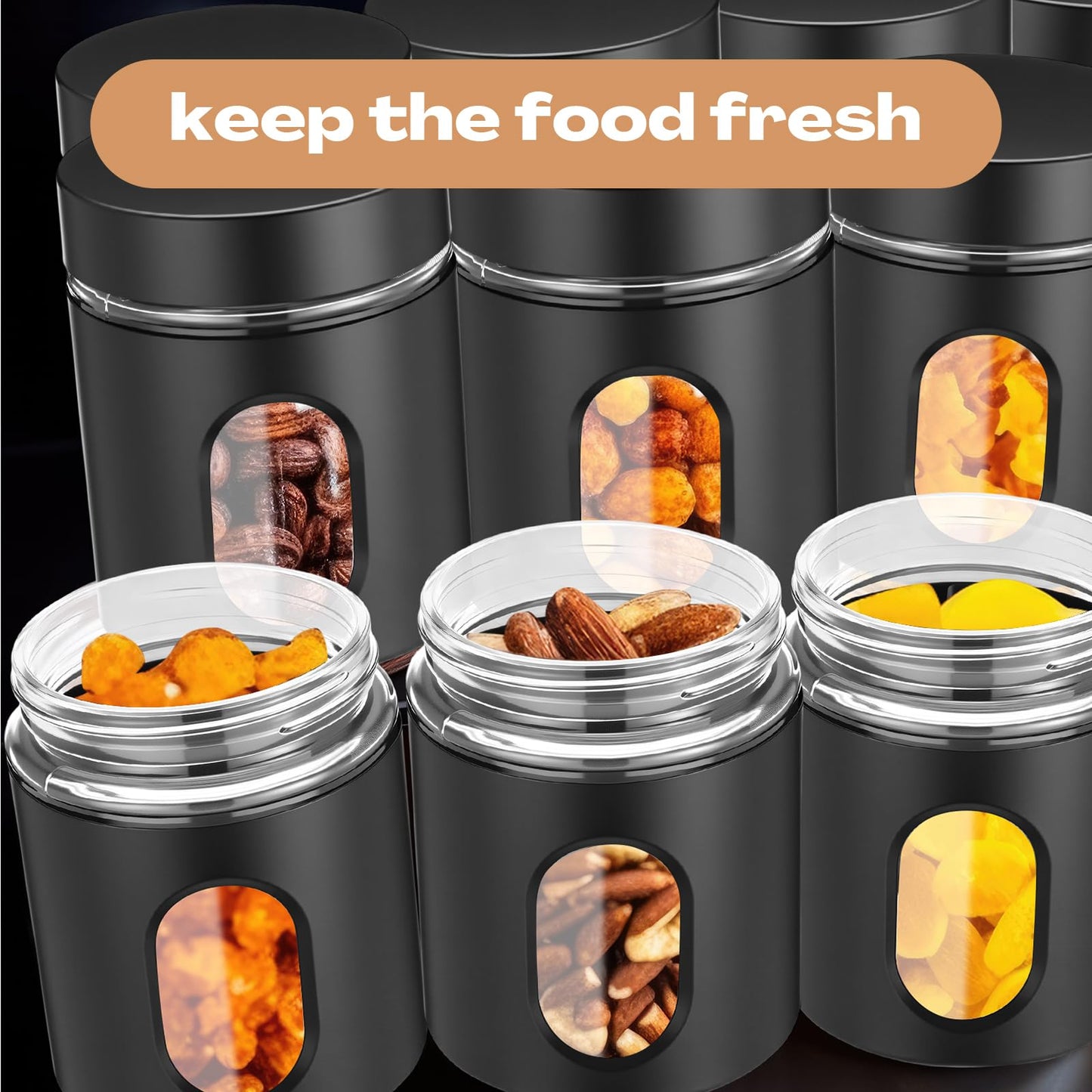 Patelai 6 Pack Kitchen Canisters Set 20 oz Airtight Stainless Steel Canister Food Storage Container with Window Glass, Coffee Sugar Candy Jars Tea Organizer for Flour Cookies Spice Kitchen (Black)