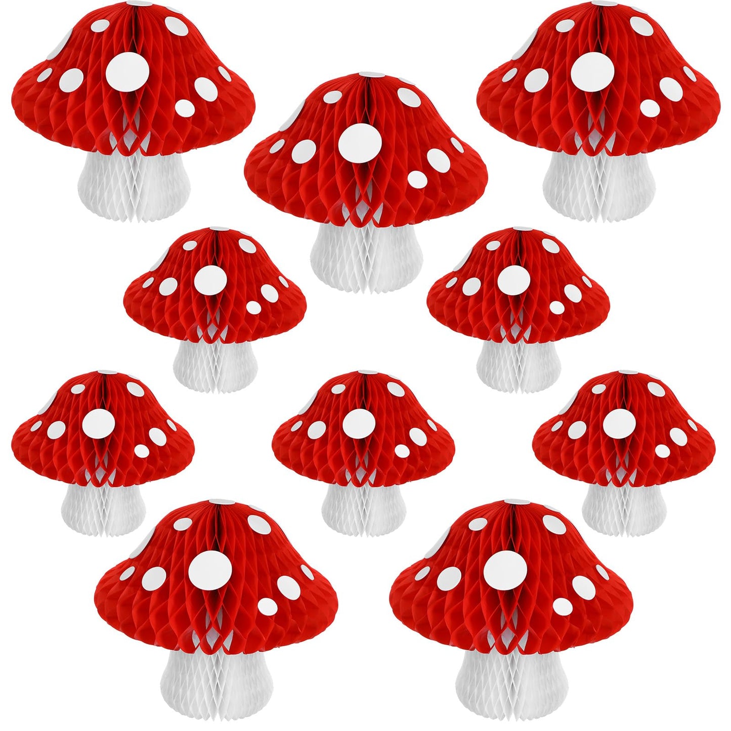 10 Pack Mushroom Shaped Honeycomb Paper Lanterns, 3D Honeycomb Paper Lanterns 2 Sizes Mushroom Party Decorations for Birthday Party Garden Room Decor (Red)