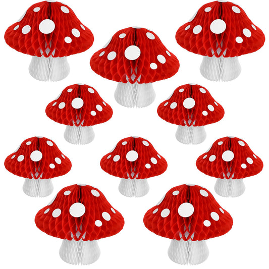 10 Pack Mushroom Shaped Honeycomb Paper Lanterns, 3D Honeycomb Paper Lanterns 2 Sizes Mushroom Party Decorations for Birthday Party Garden Room Decor (Red)