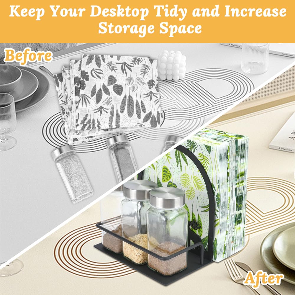 FHUIEWRY Napkin Holder for Table, Napkin Dispenser with 3pcs Salt Pepper Shakers Tree & Deer Design Metal Serviette Holder Basket, Standing Paper Napkin Storage for Kitchen Dining Table Decor, Black