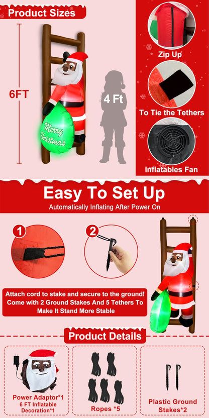 6 FT Hanging Christmas Inflatables Black Santa Claus with Gift Bag Climbing on Ladder, Blow Up African American Christmas Decorations Outdoor Build-in LED Lights for Garden Decor Xmas Holiday Party