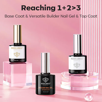 modelones Builder Nail Gel with Gel Top Coat, 3Pcs Clear Builder Nail Kit for Thickening Apex Building Extension Rhinestone Gel Tips Glue, U/V LED Lamp Cured for Home DIY Salon Girls