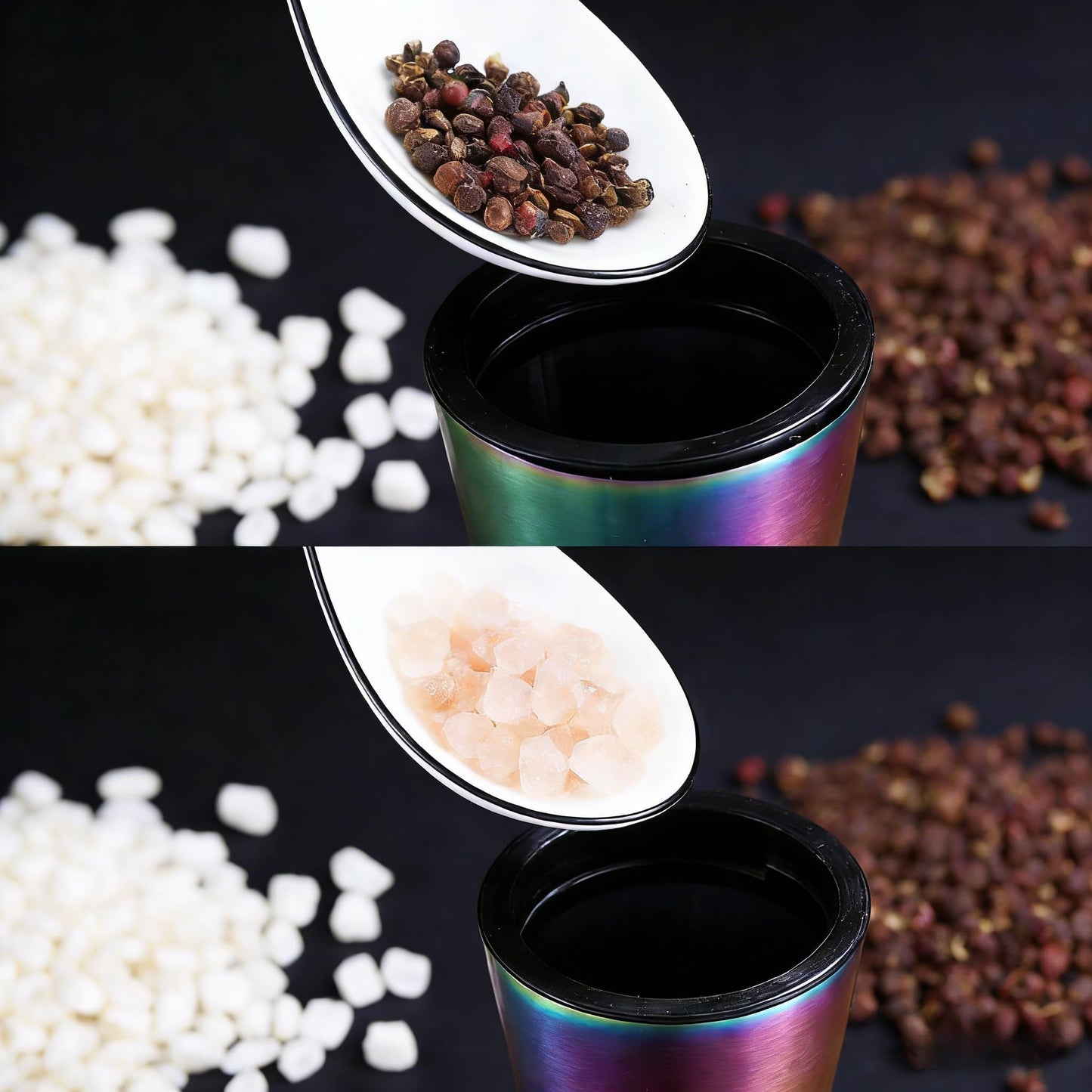 Rainbow Titanium Plated Salt & Pepper Grinder Set of 2 - Refillable Stainless Steel Mills with Adjustable Coarseness