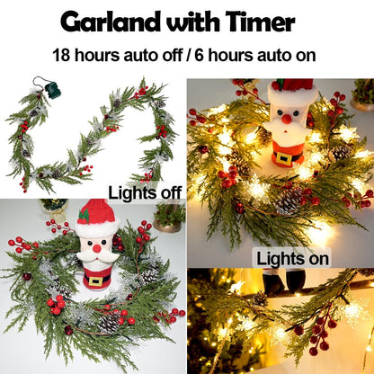 Christmas Garland Lights 6.56FT 20 Snow LED Pine Garland with Lights Battery Operated with Bells Red Berries Pinecones Cypress Greenery Garlands Decoration for Xmas Tree Mantle Door Stairs Home Decor