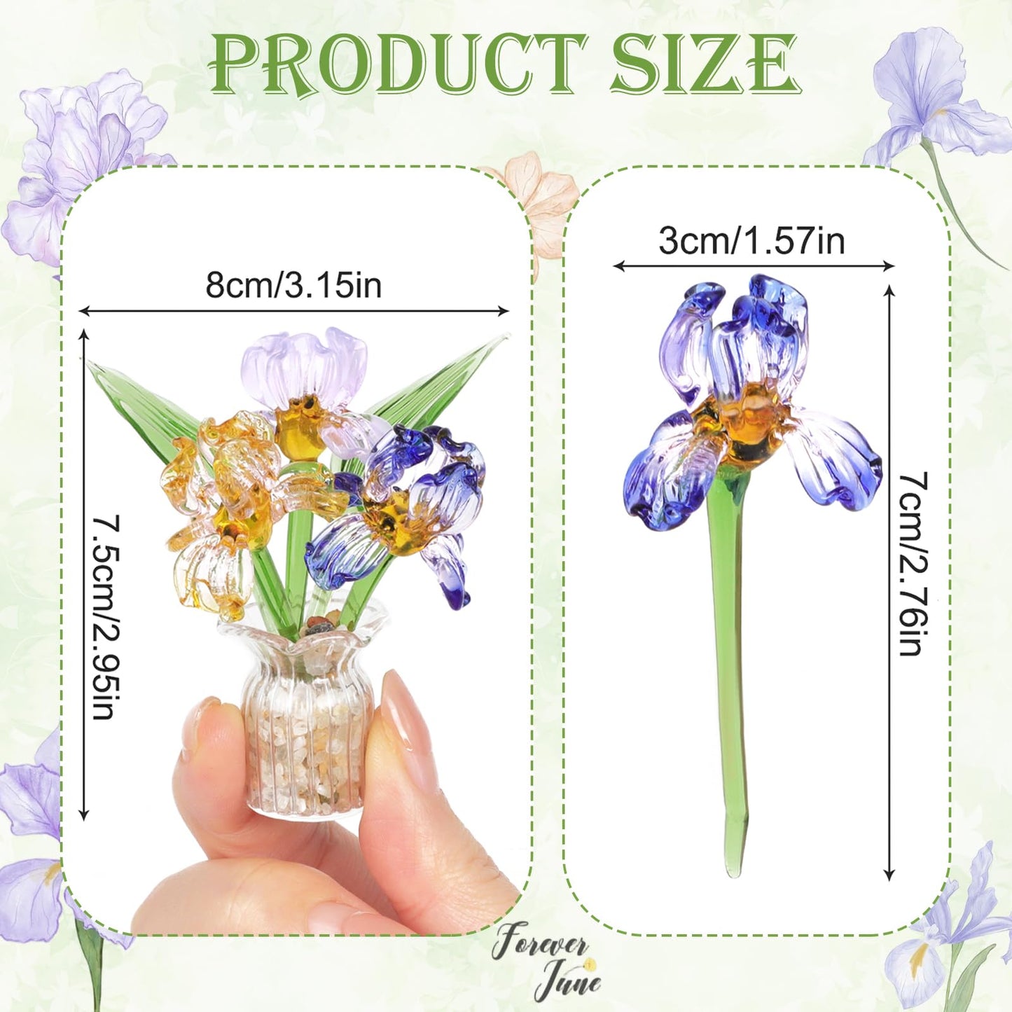 Lovmeety Mini Glass Flowers with Vase, Handmade Crystal Flowers Decor Iris Flower Arrangements Glass Flower Bouquet for Home Office Shelf Table Centerpiece Gift for Women