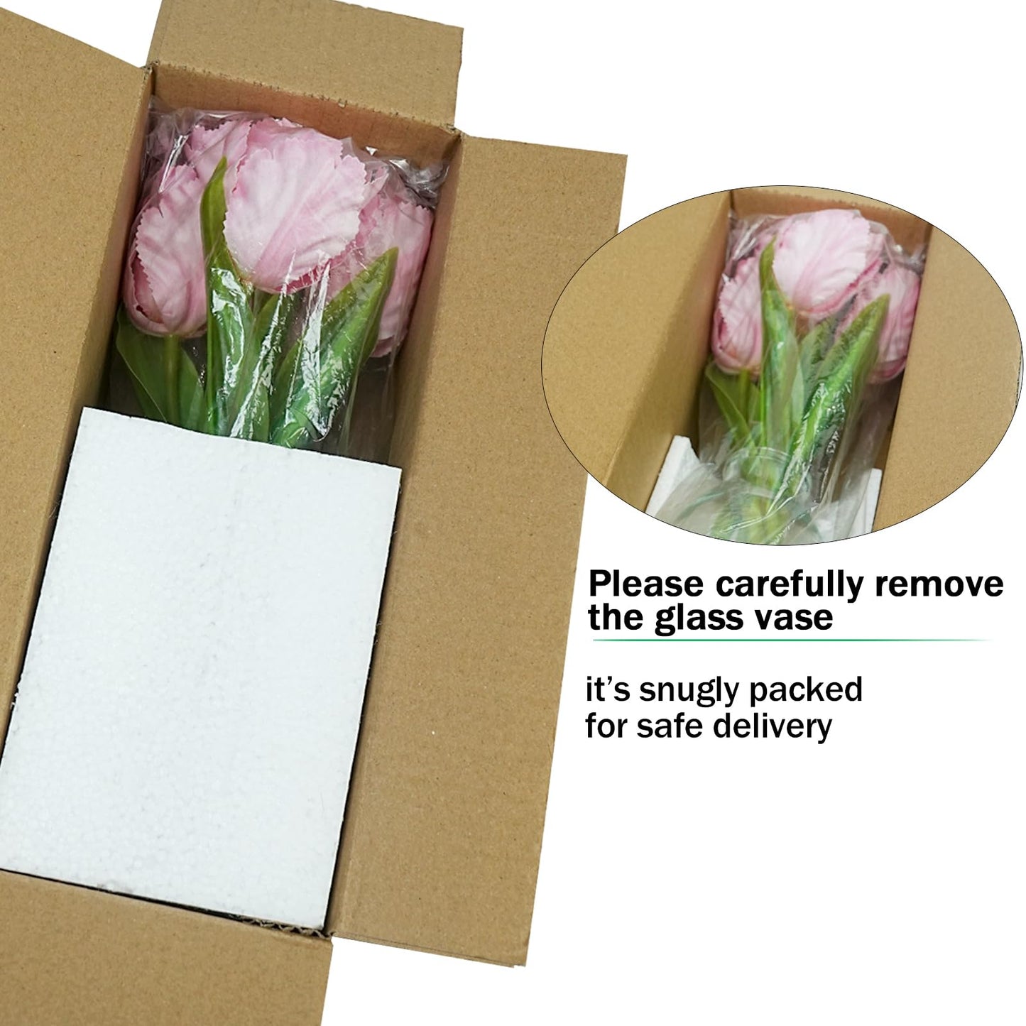 EVERLNESTIO 3D Printed Real Touch Artificial Flowers with Vase, 5 Pcs Pink Parrot Tulips Arrangement, Ruffled Edges Silk Tulip Floral Centerpieces for Dining Table, Home Office Aesthetic Room Decor