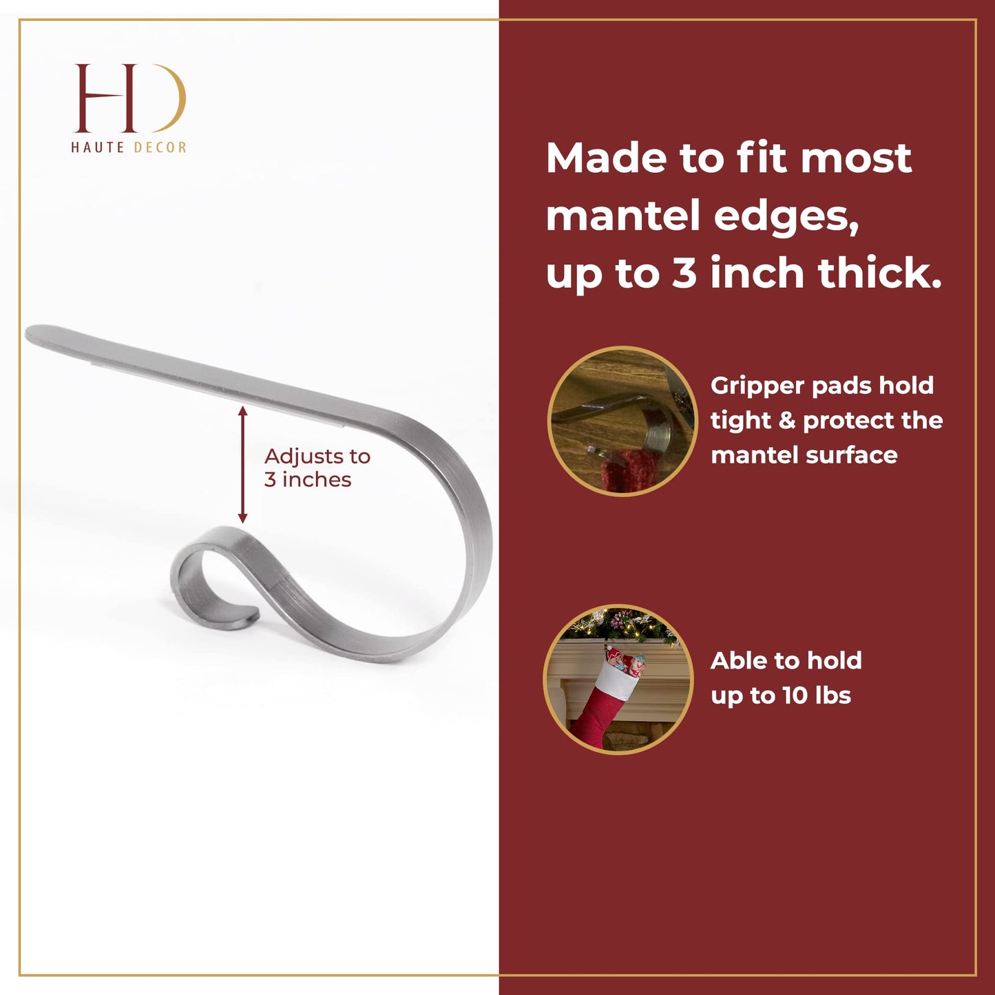 Haute Decor The Original MantleClip Stocking Holder - 6 Pack (Silver) - Safe and Secure - Adjusts to Fit Mantels Up to 3 Inches Thick