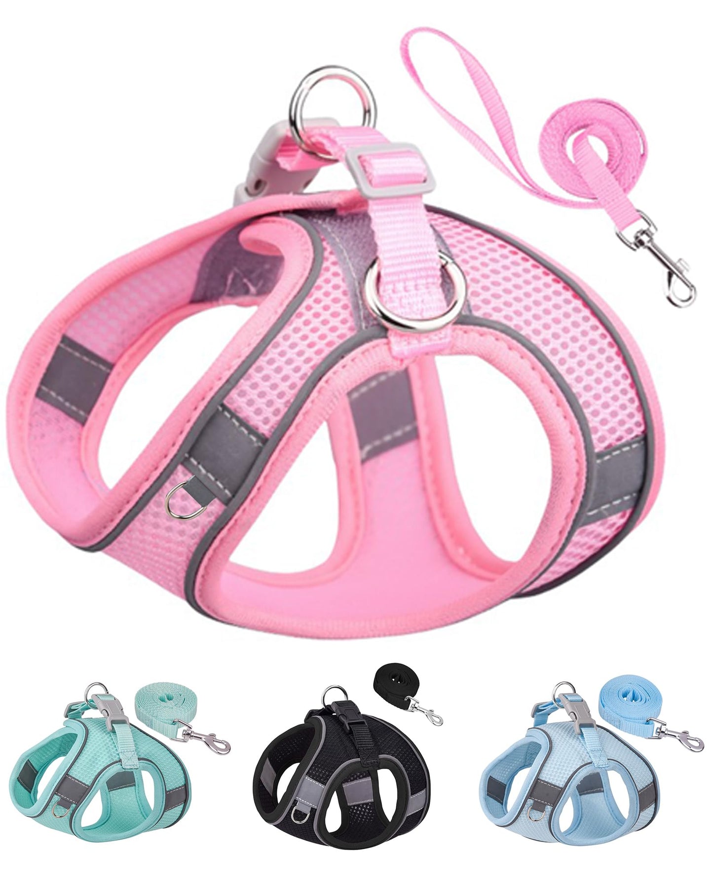 SOLMOONY Dog Harness for Small Medium Dogs No Pull, Puppy Harness and Leash Set, Step-in, Mesh, Reflective, Pink, S