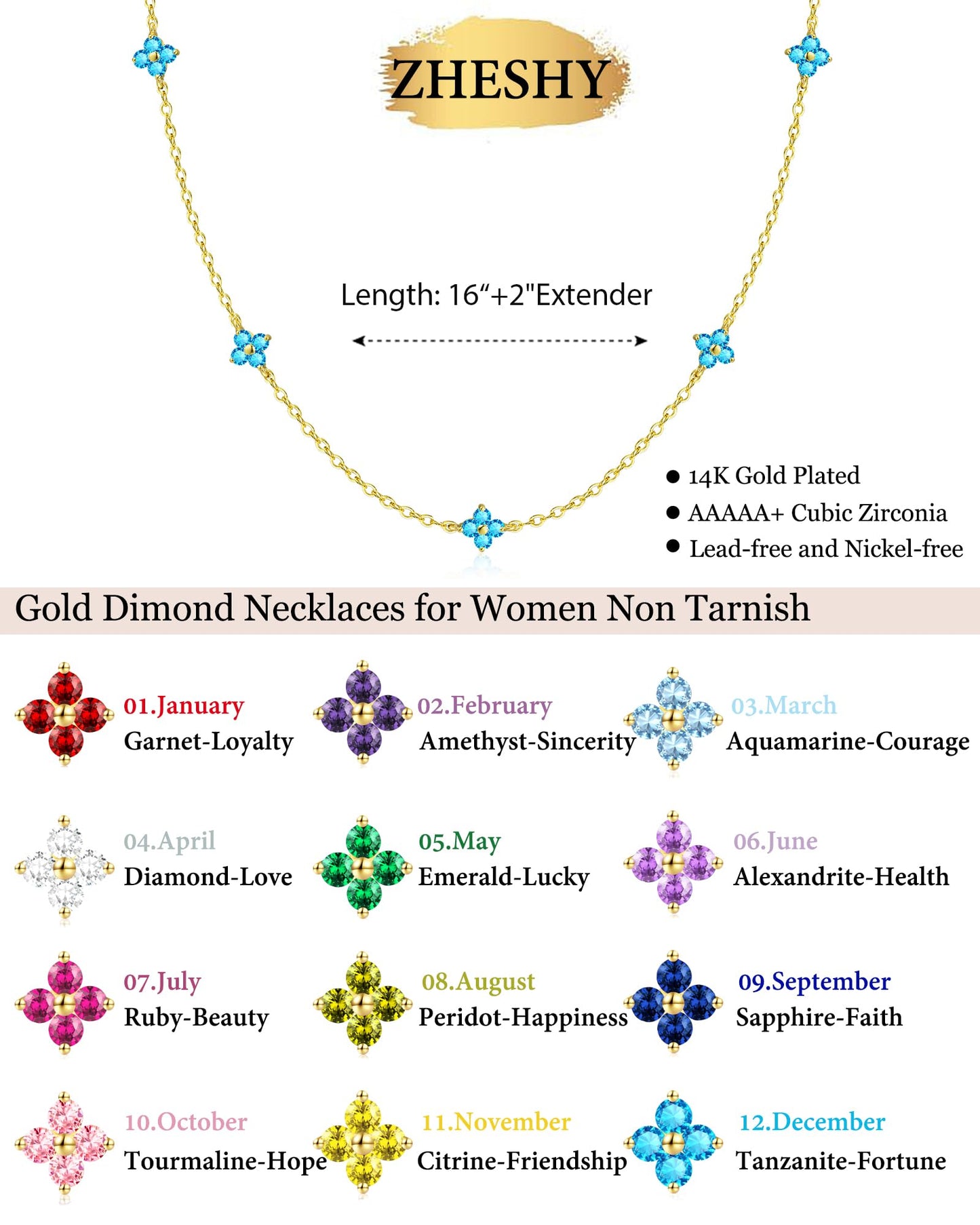 Birthstone Gold Necklace for Women Dainty Non Tarnish 14K Gold Plated Diamond Choker Necklaces Clover Emerald Green Cubic Zirconia Necklace Birthday Valentine's Day Gifts Womens Prom Gold Jewelry