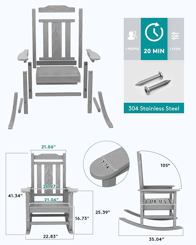 SERWALL Oversized Rocking Chair Set of 4 Outdoor, HDPE Outdoor Rocking Chair Set of 4, Space Gray