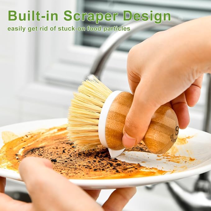 SUBEKYU Bamboo Dish Brush, Kitchen Dish Scrubber Brush, Natural Wooden