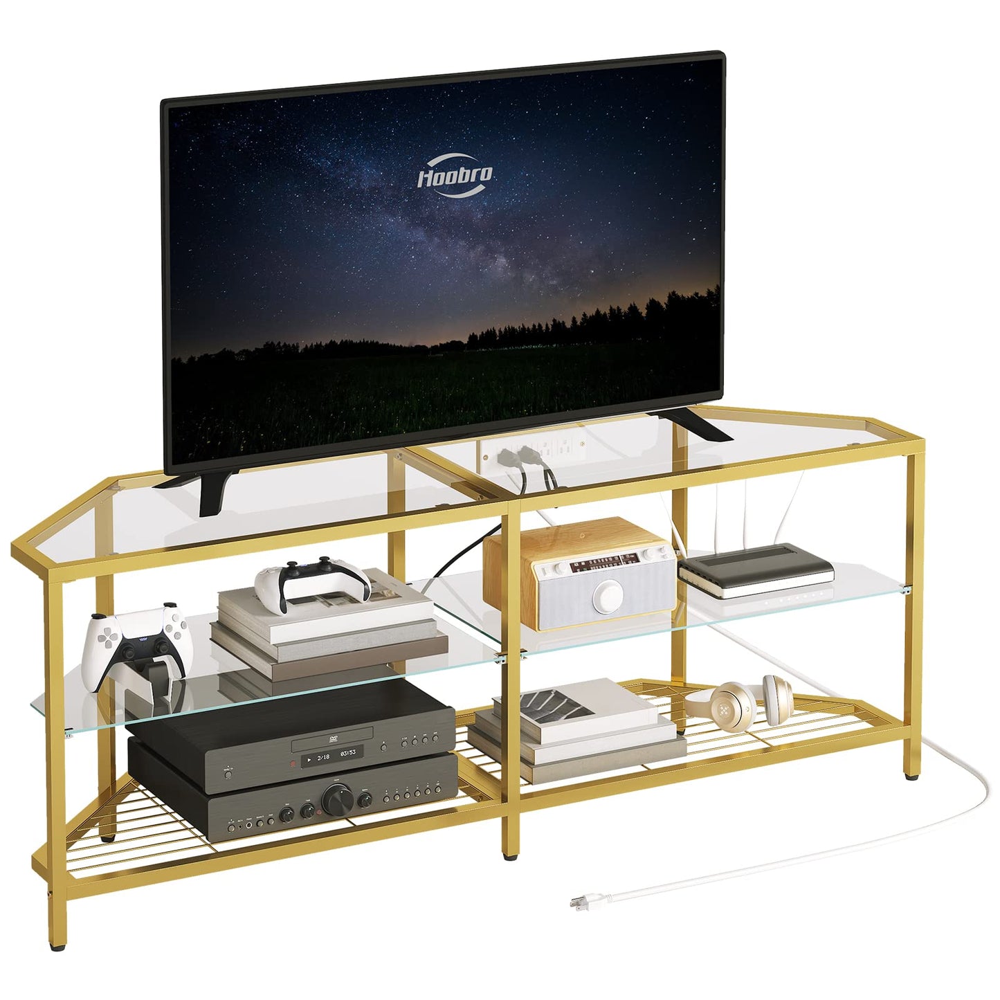 HOOBRO Corner TV Stand with Power Outlet for TVs up to 55", Modern 55" Corner TV Console Table with Open Shelves, Tempered Glass Media Entertainment Center for Living Room, Bedroom, Gold GD143UDS01
