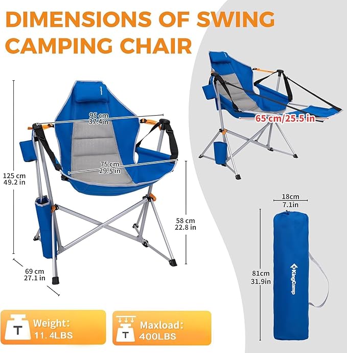 KingCamp Hammock Chair with Footrest – Heavy Duty Swinging Rocking Camping Chairs for Adults up to 400lbs, Folding Portable Oversized Rocker with Cup Holder & Pillow for Outdoor Beach Lawn RV Sports