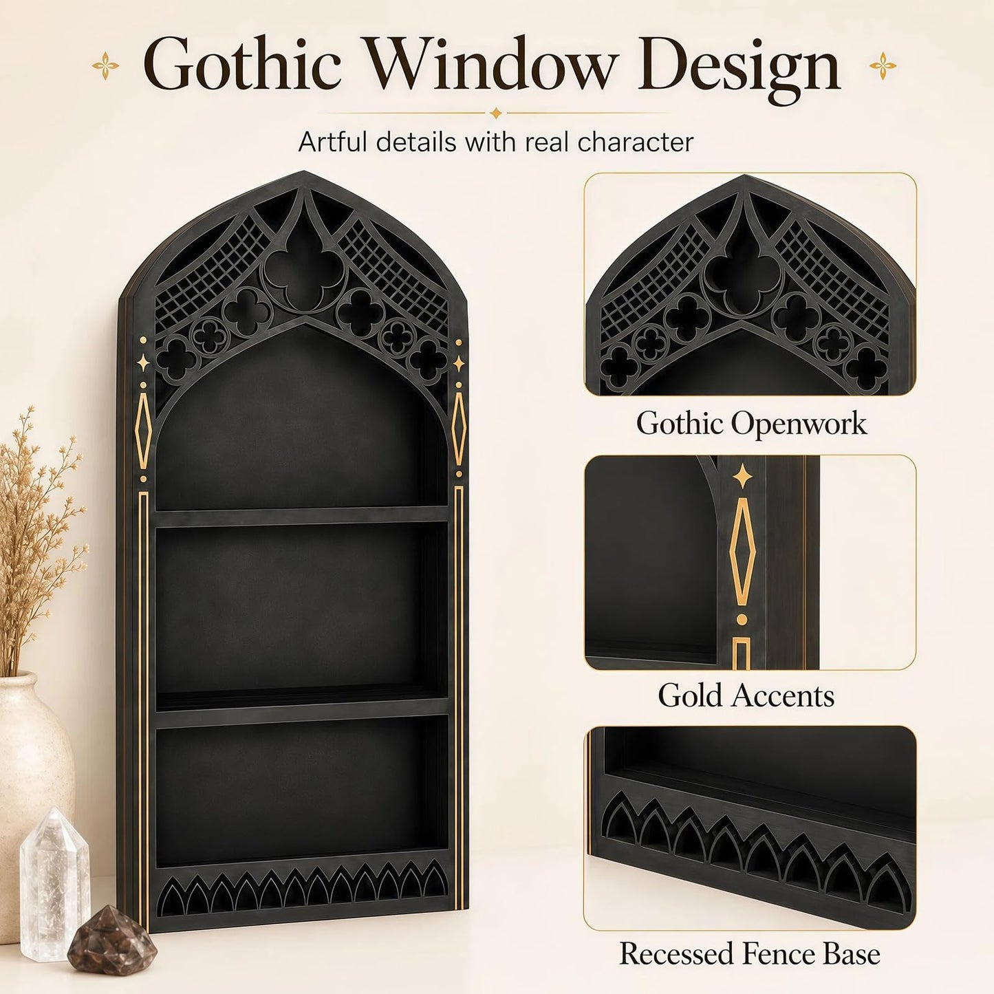 HBSGS Gothic Window Crystal Display Shelf, 1.96" Deep Wooden Wall Mounted Gemstone Crystal Holder, Witchy Decor Trinket Organizer for Healing Stones -2026 Upgraded (Window-7.9" W x 15.7" H)