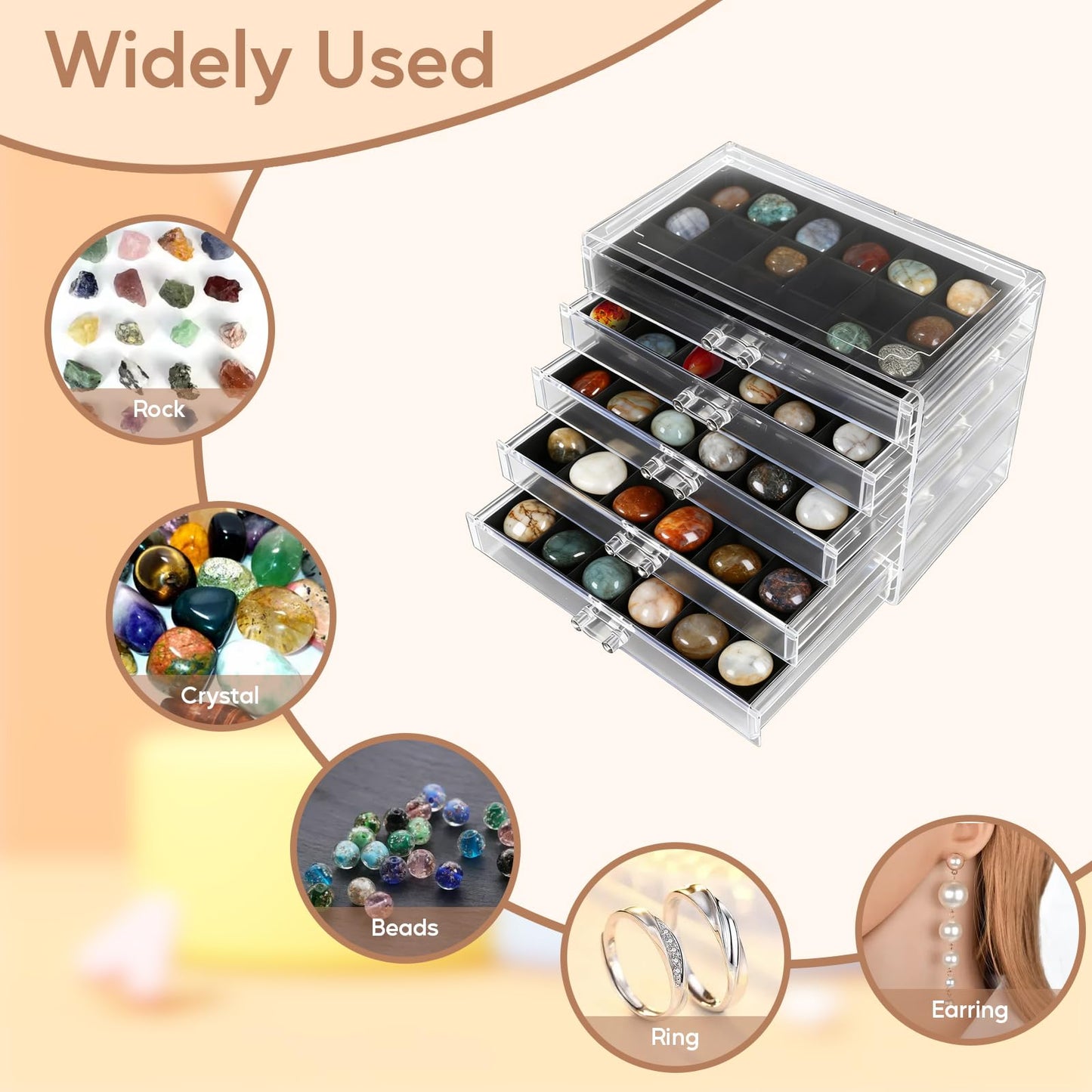 Rock Collection Box, 5 Layer 90 Grids Rock Collection Display Case, Crystal Display Shelf, Rock, Gemstone Display Case, Acrylic Clear Organizer for Gemstone Fossil Stone Display
