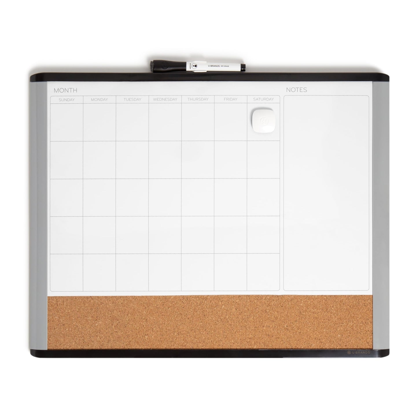 U Brands Magnetic Dry Erase 3-in-1 Calendar Board, 20"x16", Black and Gray Frame