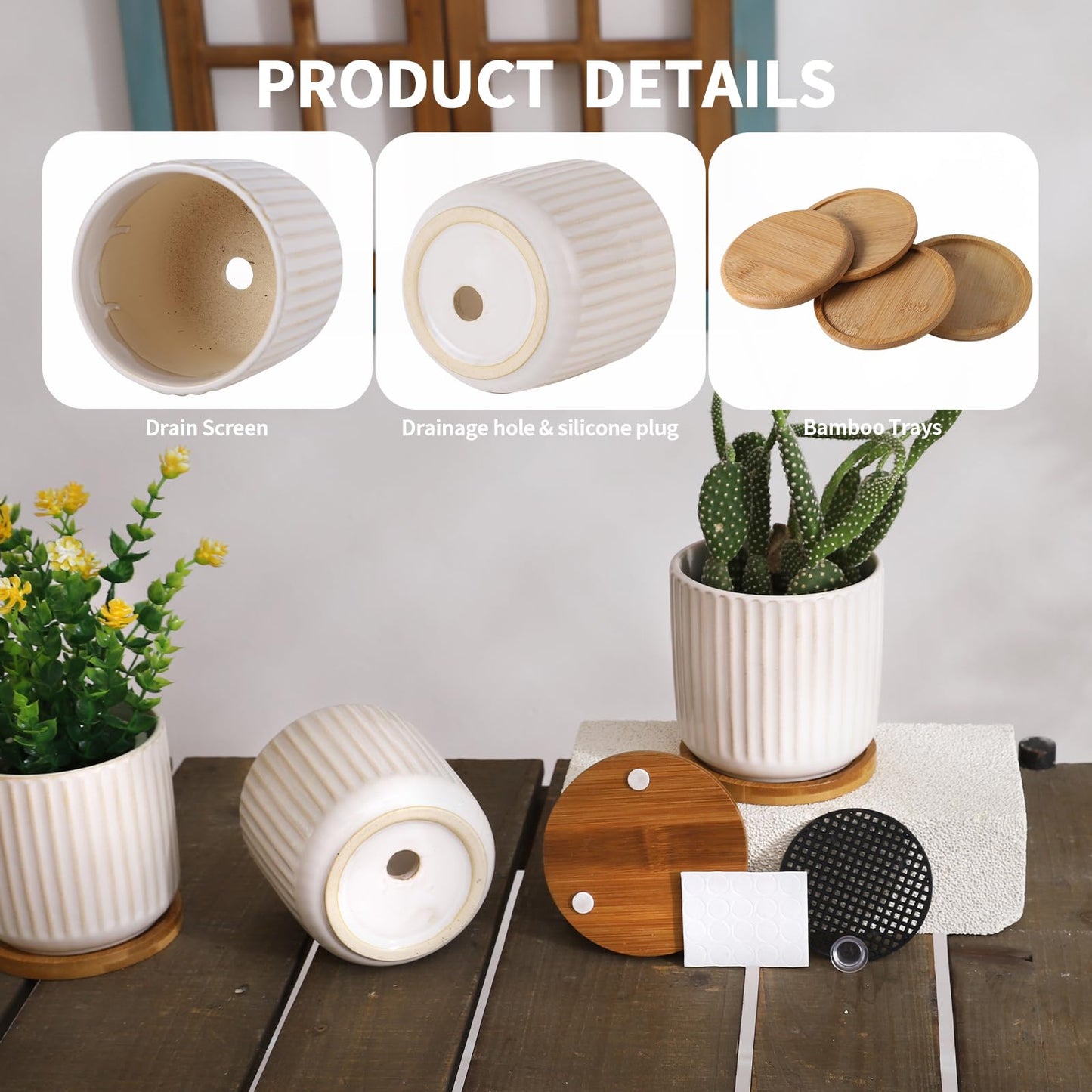 BABALIU 4 Inch Ceramic Plant Pots with Drainage Holes and Trays, Cylinder Vertical Stripes Small Flower Planter Pot with Bamboo Saucers for Indoor Plants, Succulent, Snake Plants, Cactus, Set of 4