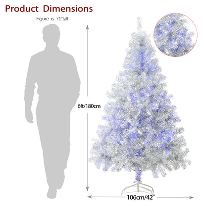 6Ft Artificial Christmas Tree with Metal Stand for Holiday Festival Parties Home Office Decor, 8 Modes 200 LED Blue Lights Included