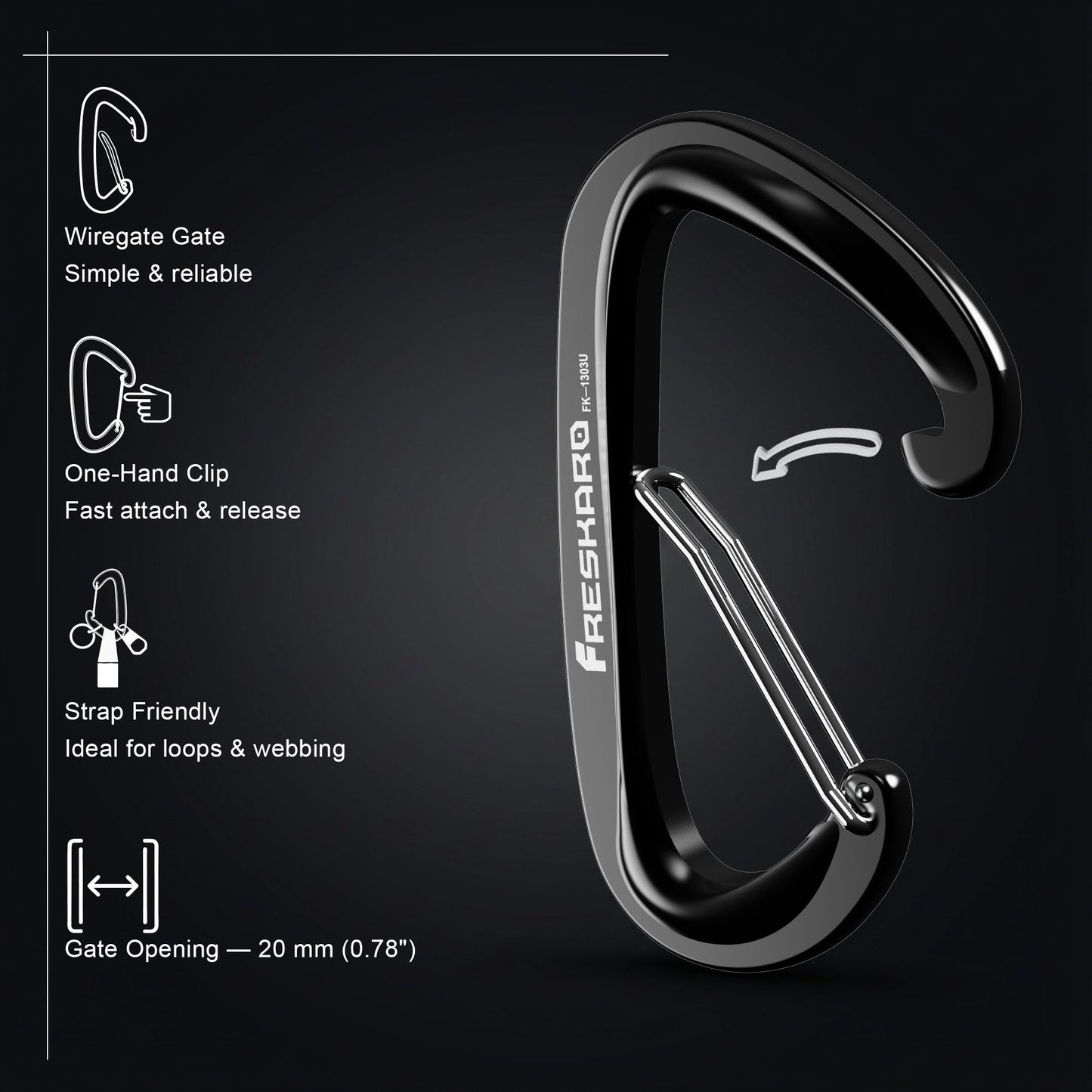 FresKaro Wiregate Carabiner Clip, 12kN(2698lbs), Suit for Backpacking Gear or as a Hiking Accessories - 4pack of Black D Ring Wire Gate Carabiners