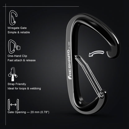 FresKaro Wiregate Carabiner Clip, 12kN(2698lbs), Suit for Backpacking Gear or as a Hiking Accessories - 4pack of Black D Ring Wire Gate Carabiners