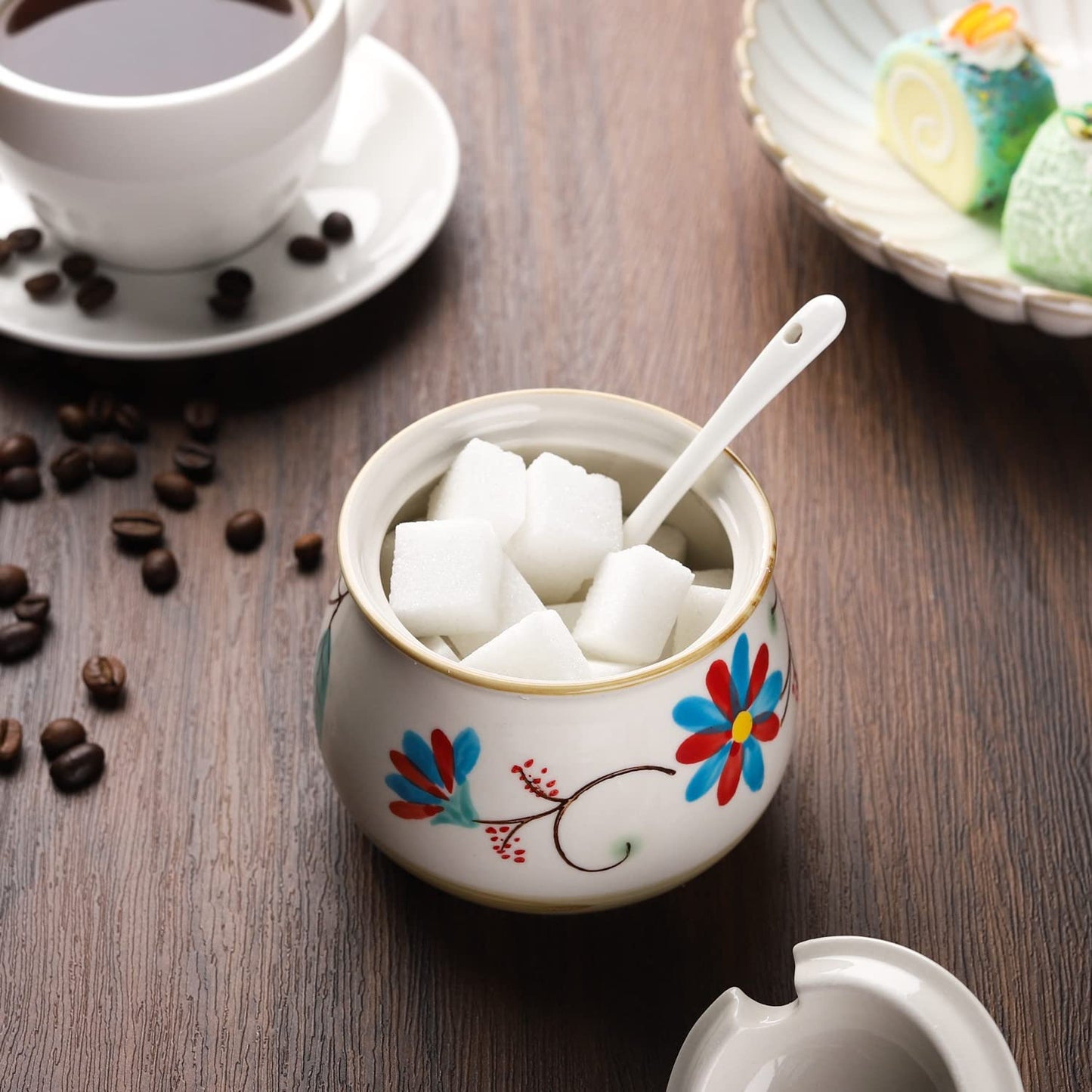 Evannt Porcelain Sugar Bowl Set of 2 Porcelain Sugar Jar with Lid and Spoon Sugar Canister Storage Container for Sugar Salt Spice Pepper Condiment (Style 2)