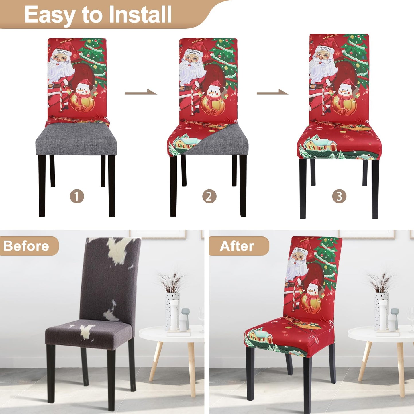 SearchI Christmas Dining Chair Covers Set of 4,Stretch Printed Kitchen Chair Cover Washable Spandex Xmas Parsons Chair Protector Slipcovers for Christmas Decoration,Holiday Party(Santa Claus)