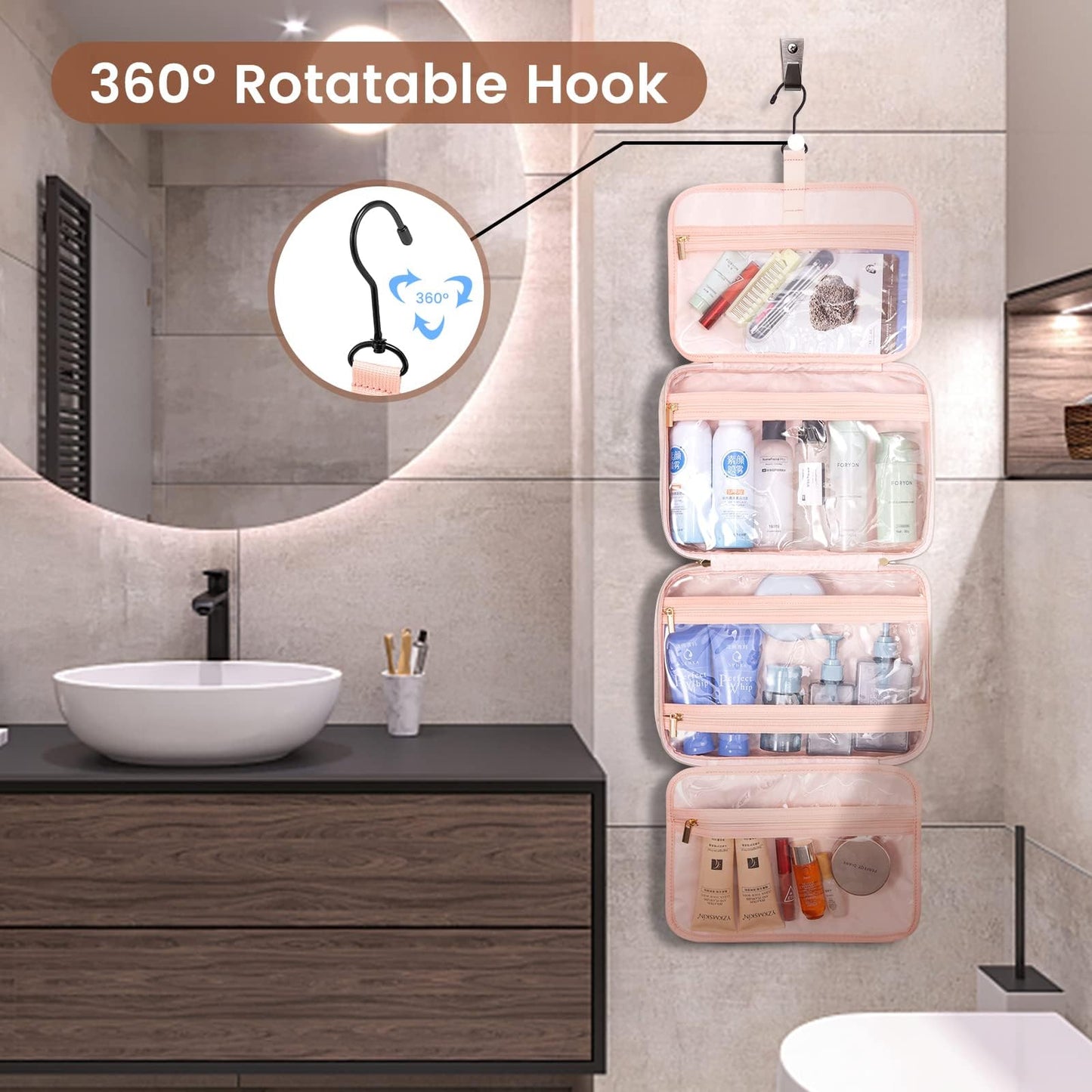 LOVEVOOK Toiletry Bag Hanging Travel Wash Bags for Women, Waterproof Toiletries Makeup with Hook, Cosmetic Organizer Ladies Large, for Full Sized Container
