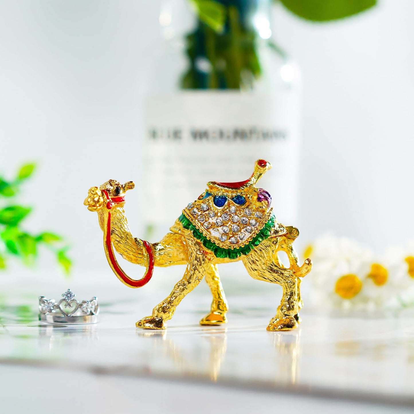 YU FENG 2.4" Golden Crystal Camel Figurines Decor Ornament,Golden Enamel Camel Statues Animal Trinket Jewelry Box Hinged Christmas Gift