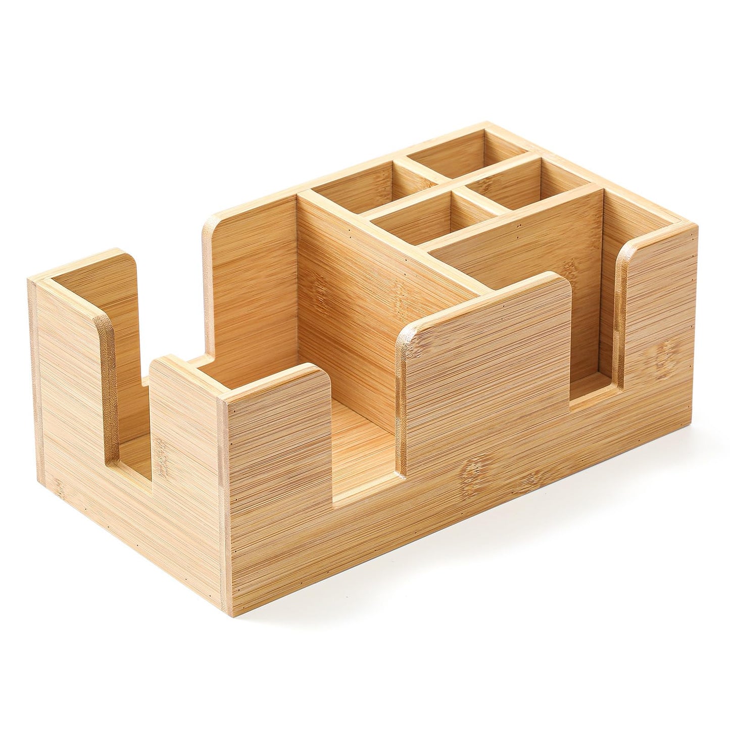 Mifoci Wooden Bar Caddy with 6 Compartments, Bamboo Bar Caddy Napkin & Straw Holder Organizer Cocktail Napkin Holder Condiments for Home Office Kitchen Countertop (Natural, 10.6 L x 5.5 W)
