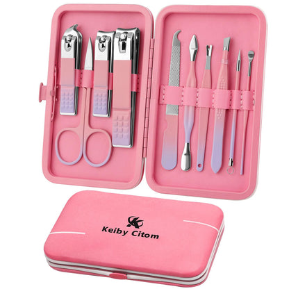 Manicure Set, Travel Mini Nail Clippers Kit Pedicure Care Tools, 10pcs Stainless Steel Grooming kit (Pink)
