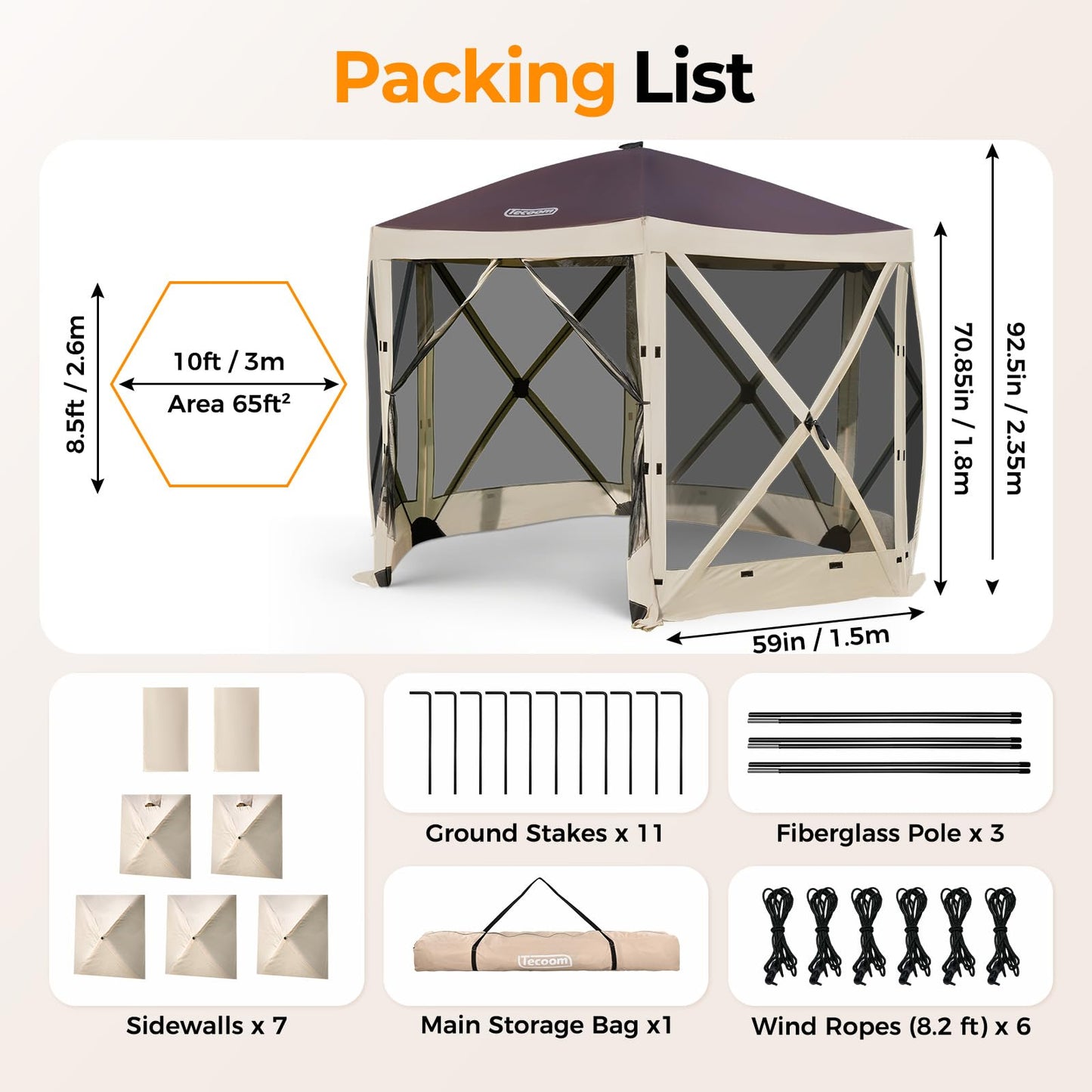 Tecoom 10x10ft 6-Side Pop Up Gazebo Tent, Waterproof Instant Screen with Mosquito Netting, Portable Outdoor Canopy with 4 Removable Wind Cloths, Sun Shelter for Camping, Garden and Picnics, Khaki