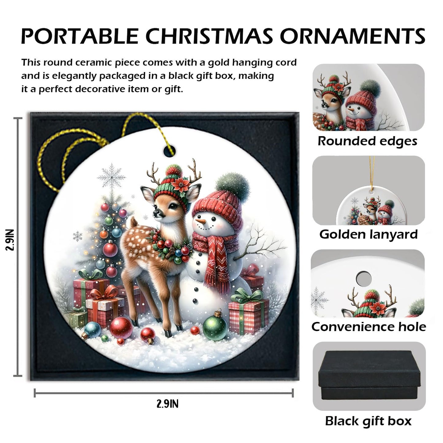 Reindeer and Snowman Christmas Ornaments for Tree - Decorative Hanging Deer Decor