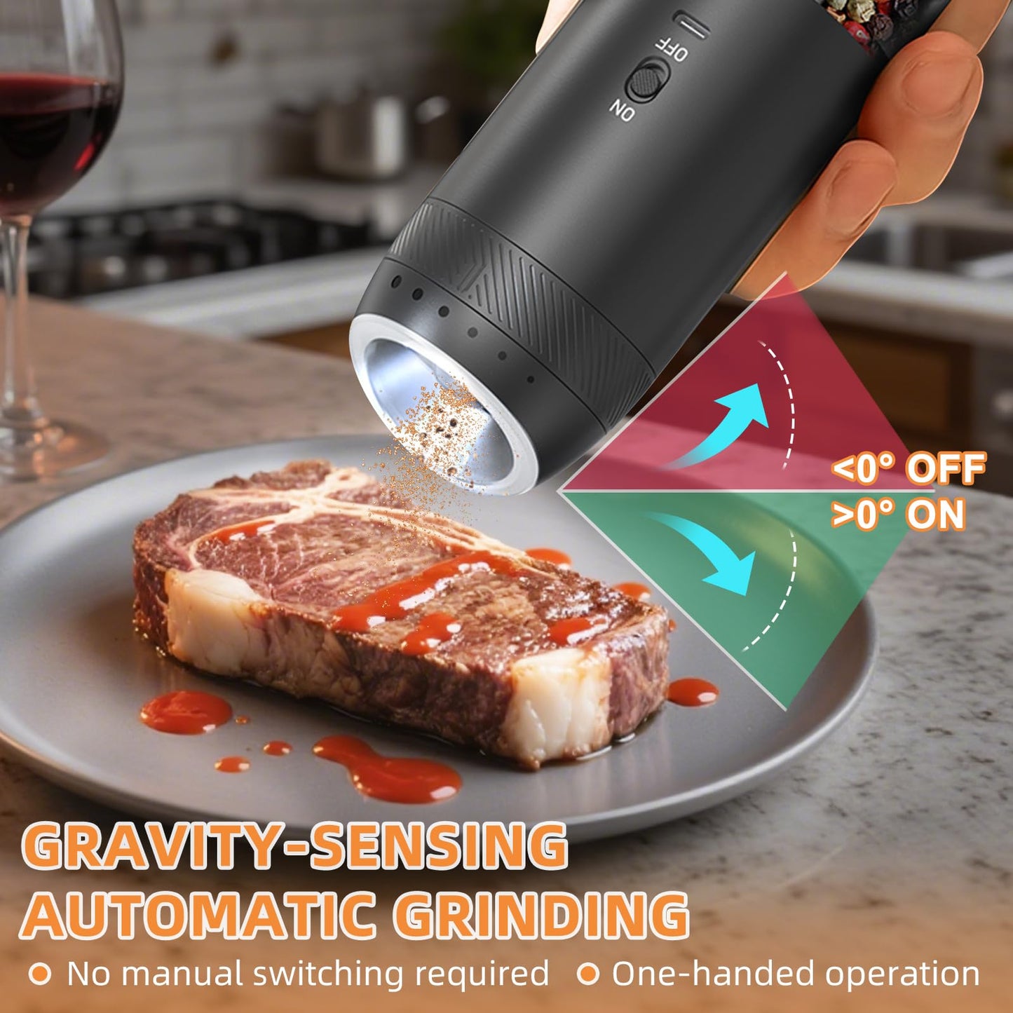 Gravity Electric Salt and Pepper Grinder Set Rechargeable, External Adjustable Coarseness, Automatic Salt and Pepper Shakers Mill with LED Light, 6oz/176ml Large Capacity, House Warming Gifts (1 Pack)