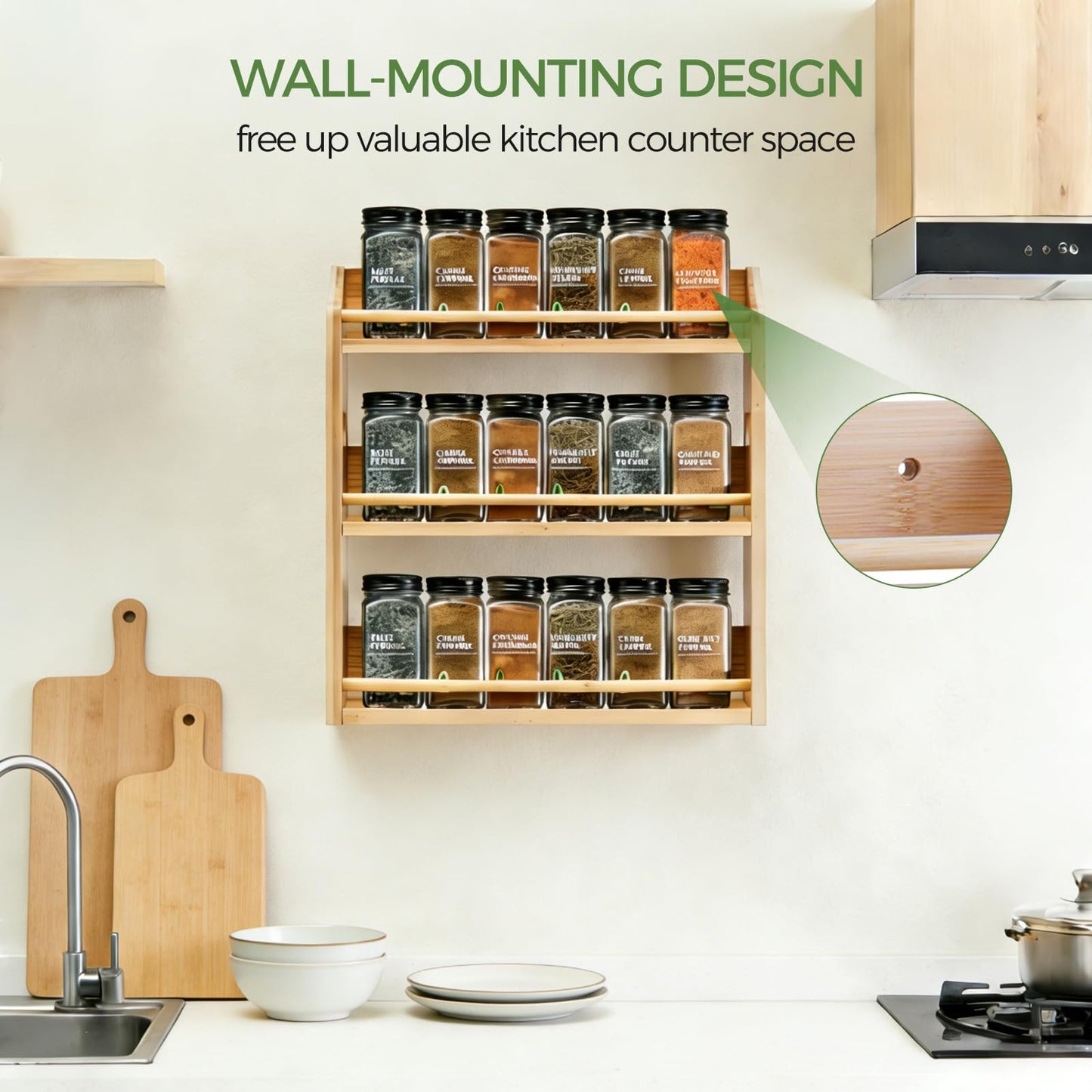 Bambition Bamboo Spice Rack Organizer, 3 Tier Spice Storage Rack with Handles, Wood Seasoning Jars Shelf for Kitchen Counter, Pantry or Wall Mounting