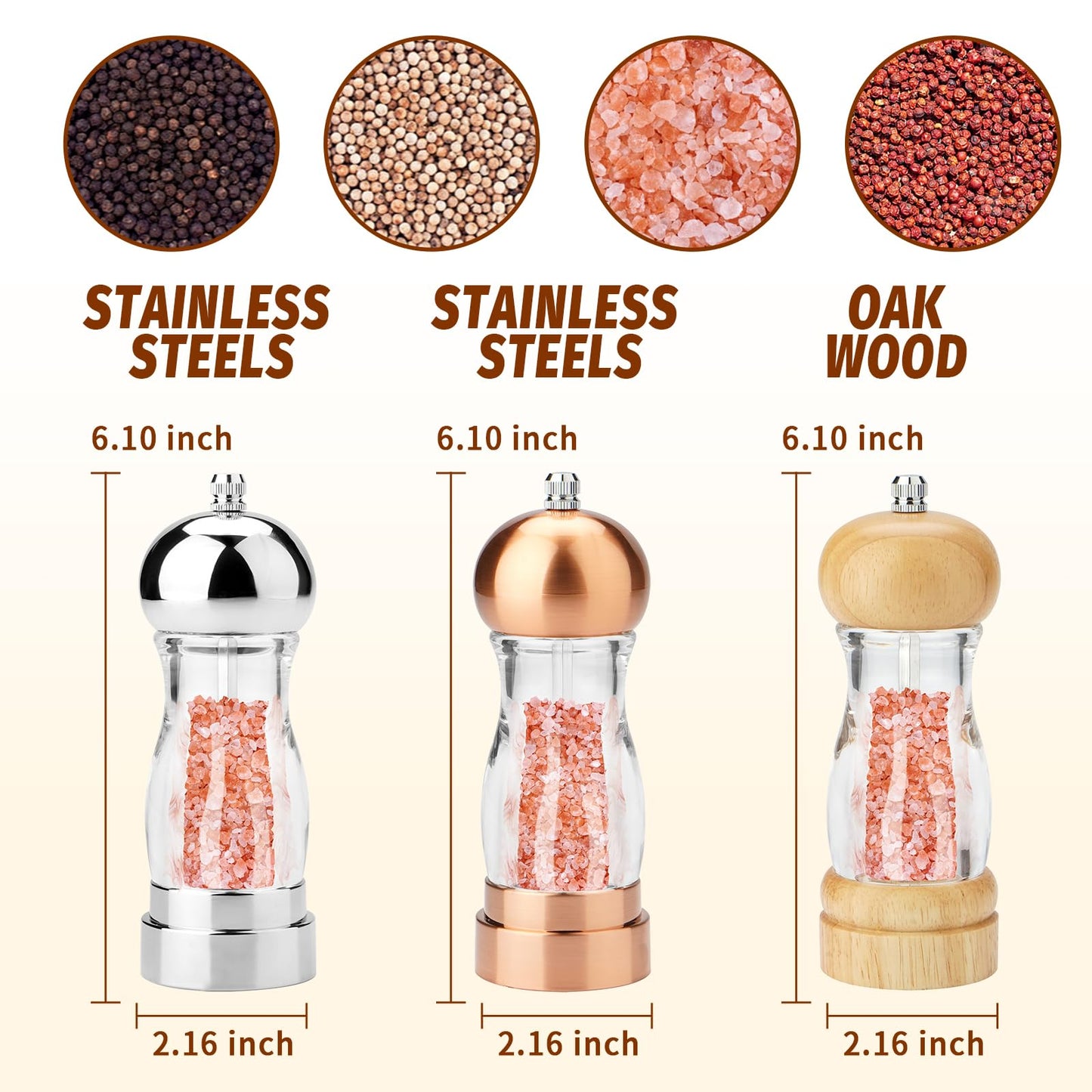 SHIKORI Acrylic Salt and Pepper Grinder, 6 inch Adjustable Salt and Pepper Shakers, Refillable Manual Salt Pepper Mill (Gold & Silver)