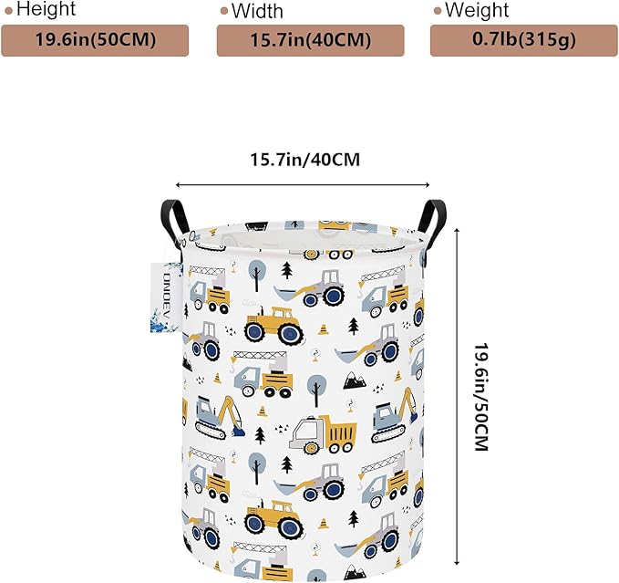 Round Foldable Laundry Hamper Kids Forest Vehicles Excavator Boys Gift Basket