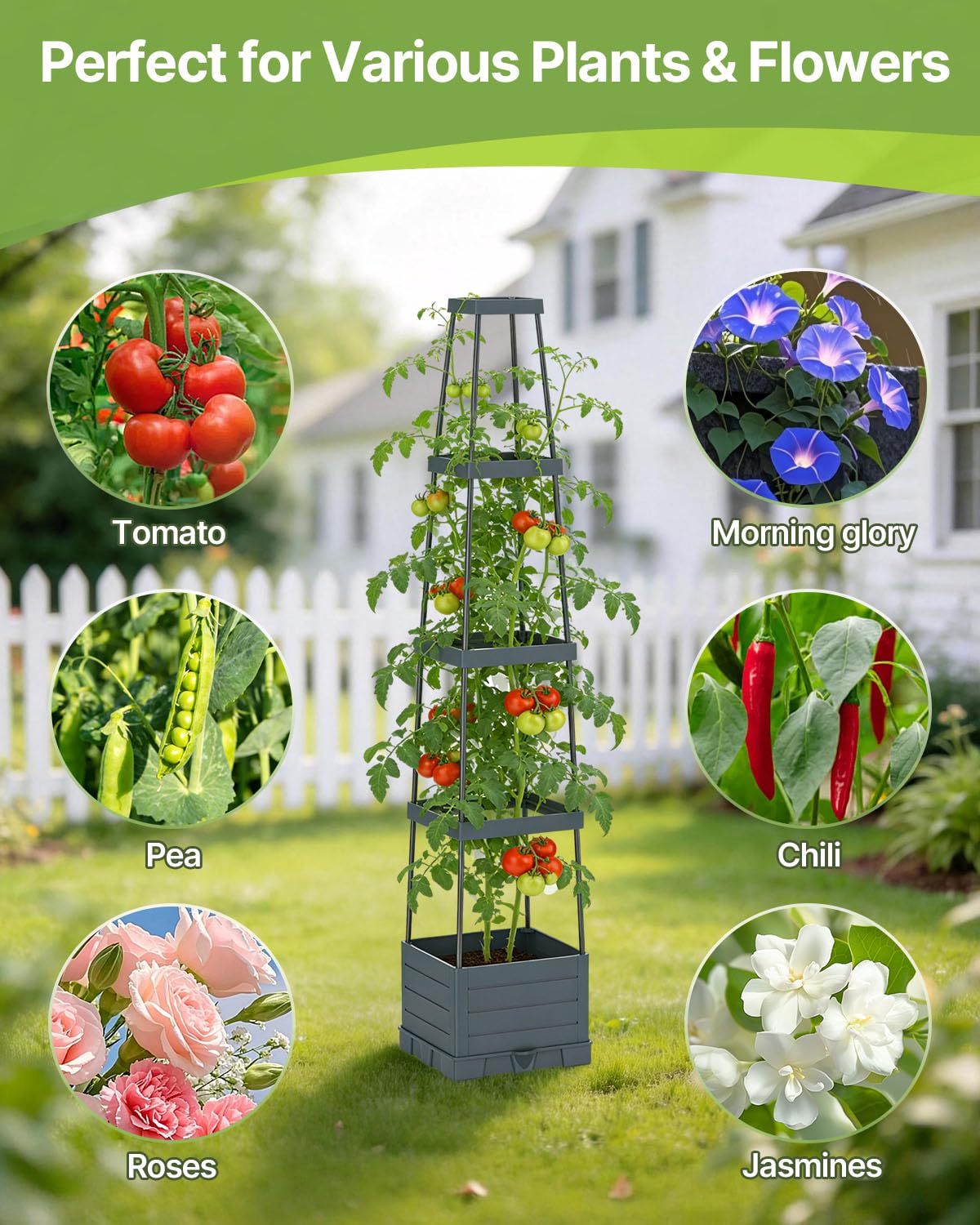 Suteck 1-Pack Raised Garden Bed Planter Box with Trellis, Self-Watering Tomato Planter with Adjustable Height Steel Support Frame for Climbing Plants, Tomato Cages for Patio, Balcony & Outdoor