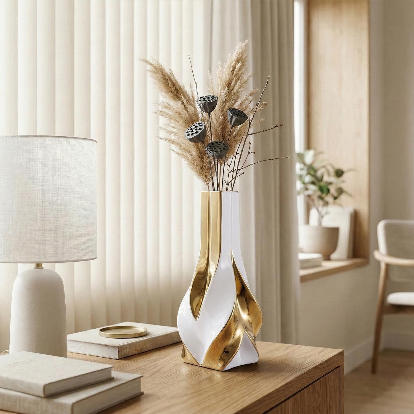 10.6" White and Gold Ceramic Vase, Modern Geometric Flower Vase for Dining Table Centerpiece, Elegant Decorative Vase for Pampas Grass, Living Room, Bedroom, Office, Tabletop Decoration