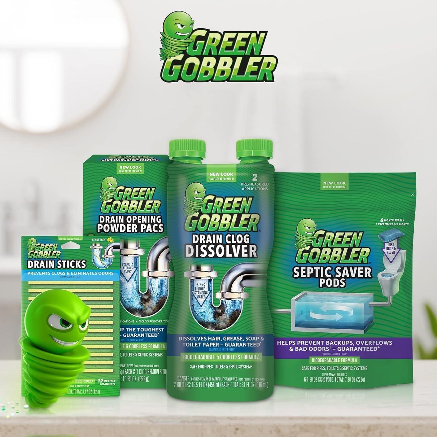 Green Gobbler Septic Saver Pods - Sewage & Septic Tank Cleaner - Bacteria Enzyme Packs for Monthly Septic Tank Treatments - 6 Pods (222g)
