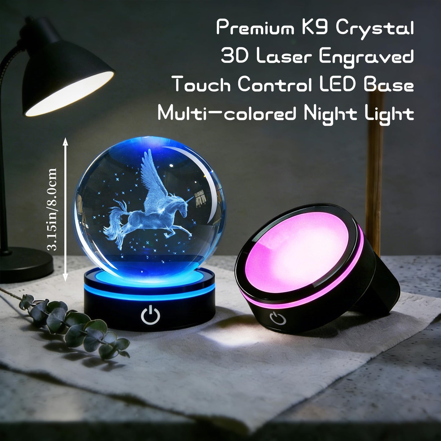 QIANCHANG 3D Unicorn Crystal Ball with LED Stand, 80mm Glass Sphere Night Light Lamp, Crystal Unicorn Figurines Collectibles Gifts for Women Girls Mom Kids
