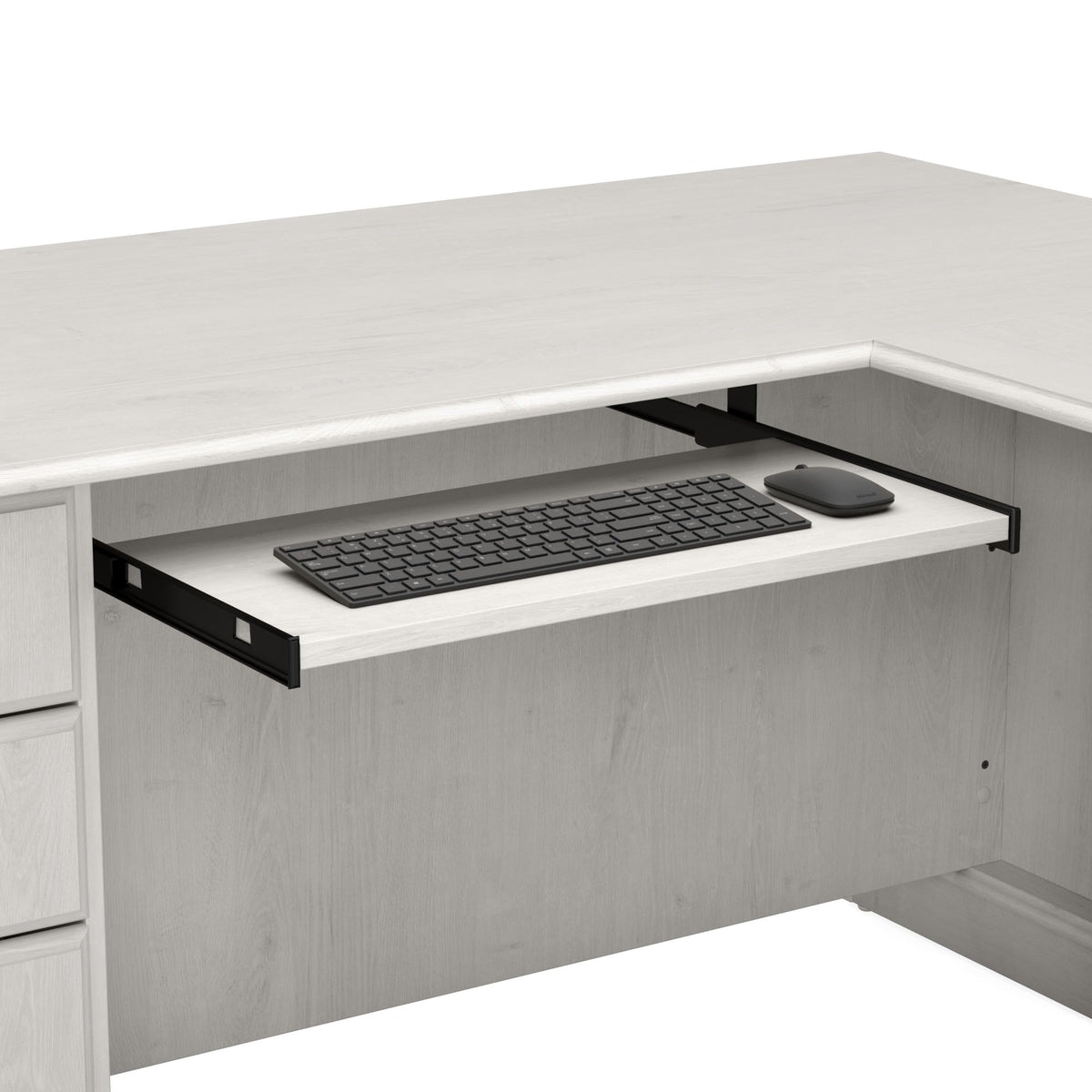 Bush Home Saratoga L Shaped Computer Desk with Drawers and Storage in Linen White Oak | Large Corner Office Table for Workspace
