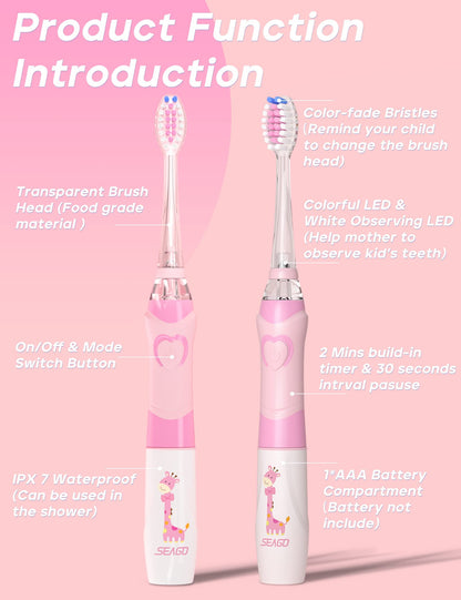 SEAGO Kids Electric Toothbrush with 2 Mins Brushing Timer and 4 Replacement Bursh Heads, Rainbow LED Light Make Brushing Fun, Boys Battery Powerd Toothbrush for 4-12 Years Old，SG-977 (Light Blue)