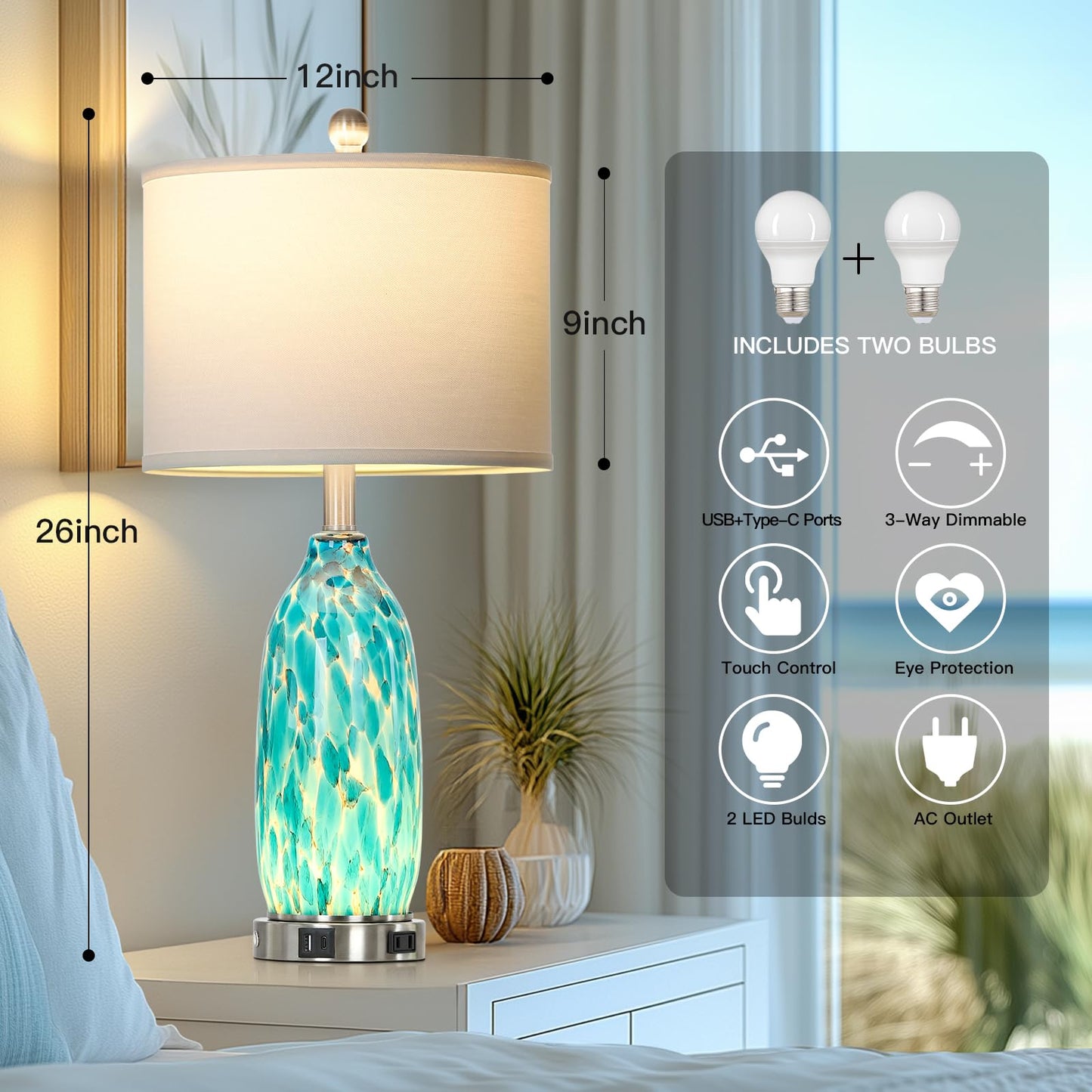 Rinweey 26" Peacock Green Glass Table Lamps Set of 2,Coastal Nautical Bedside Lamps with USB Ports & AC Outlet,Lamparas Elegantes para Cuarto with Night Light for Bedroom Living Room Decoration