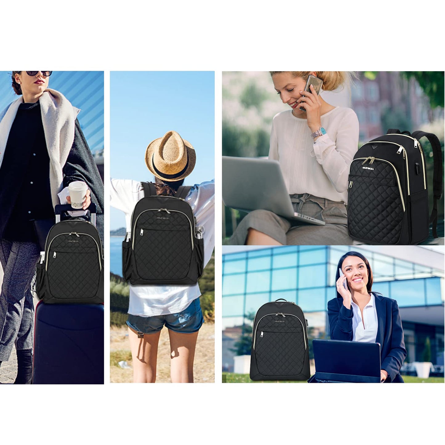 EMPSIGN Laptop Backpack for Women, 15.6 Inch Laptop Rucksack Casual Daypack Wide Open, College School Backpack with USB Charging Port, Water Repellent Travel Business Work Bag Computer Bookbag, Black