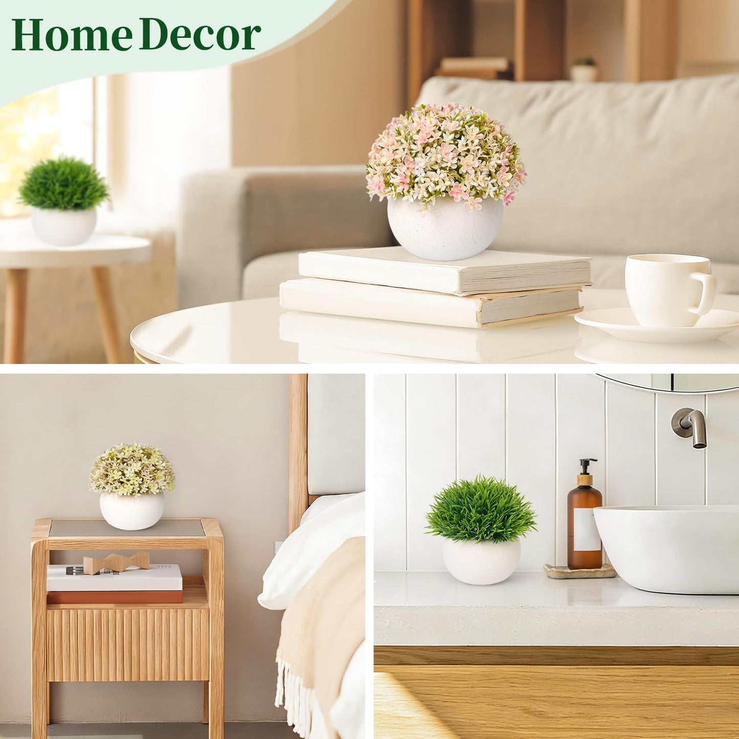 JIUYUETIAN Fake Plants-3-Pack Mini Artificial Pulp Pot Decor, 2 Lilac Flower Balls & 1 Grass, No Maintenance for Desk Bathroom Home Office Shelf