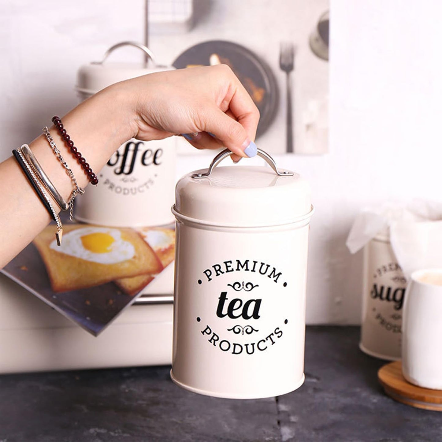 Hedume Set of 3 Airtight Kitchen Canister Decorations with Lids, Coffee, Tea, Sugar Metal Containers, Decorative Nesting Kitchen Canister Jars, Food Storage