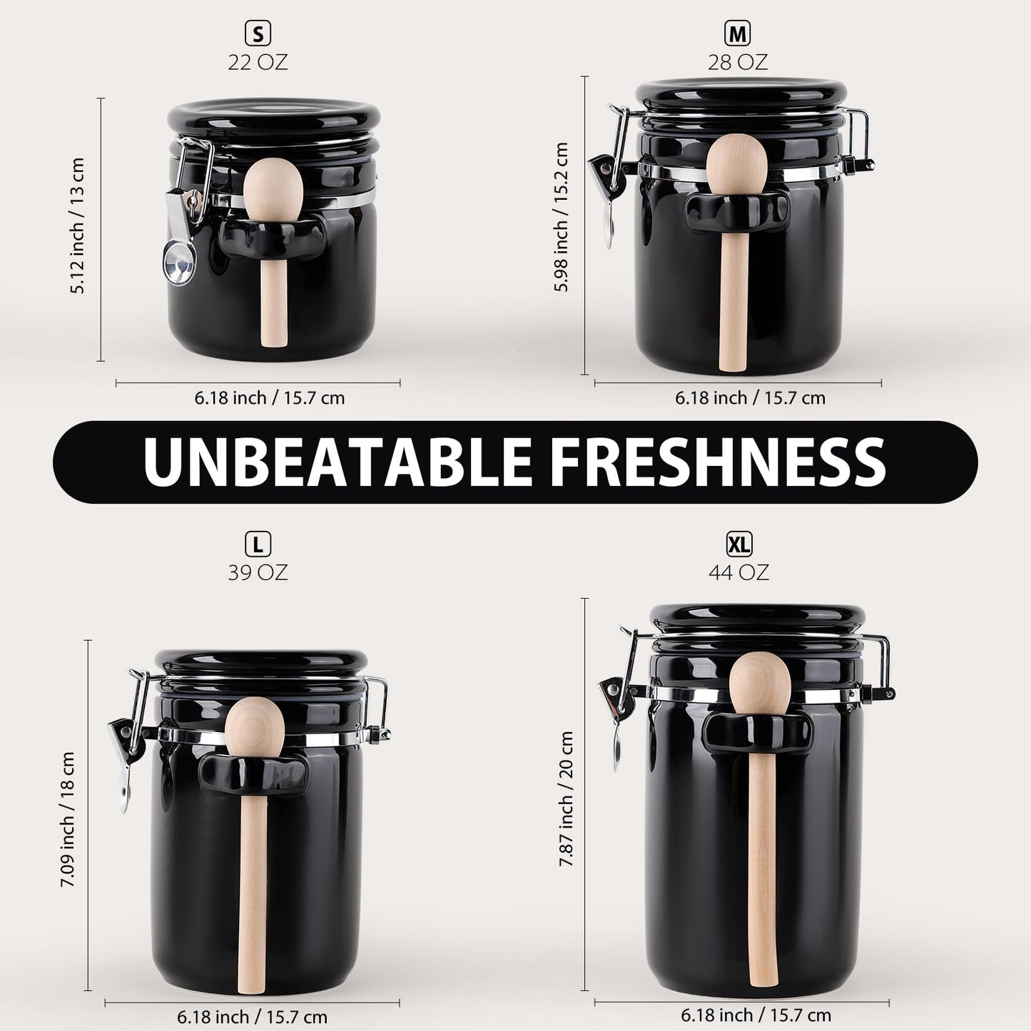 ZEBERBO 4 Piece Airtight Ceramic Canister Set With Attached Wooden Spoon Reusable Chalk Labels For Dry Goods Sugar Coffee Tea Kitchen Storage Use (Black)
