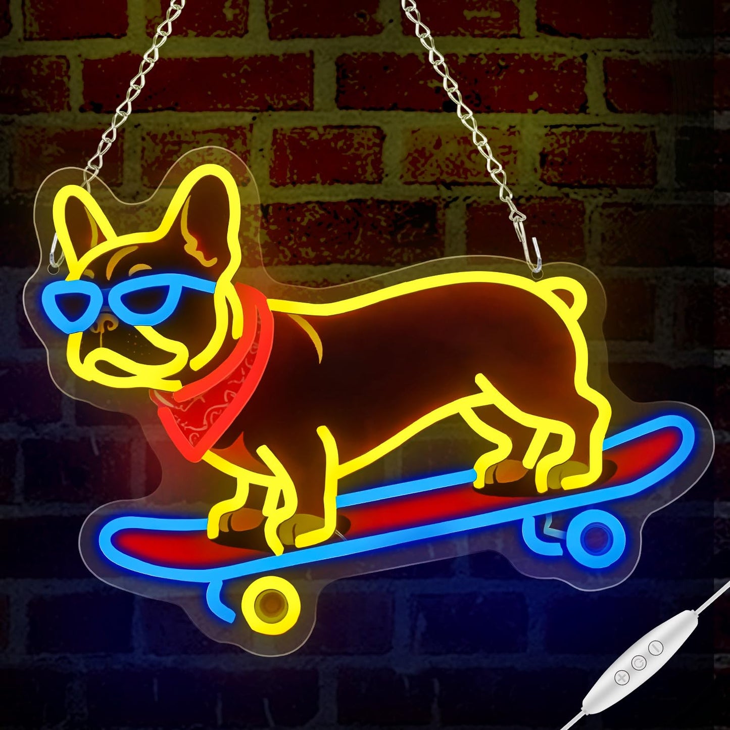 French Bulldog Skateboarding Neon Sign, Skateboard Dog Frenchie Wearing Glasses Neon Signs, Dimmable LED Bulldog Wall Art Decor, Frenchie Dog Lover Gifts