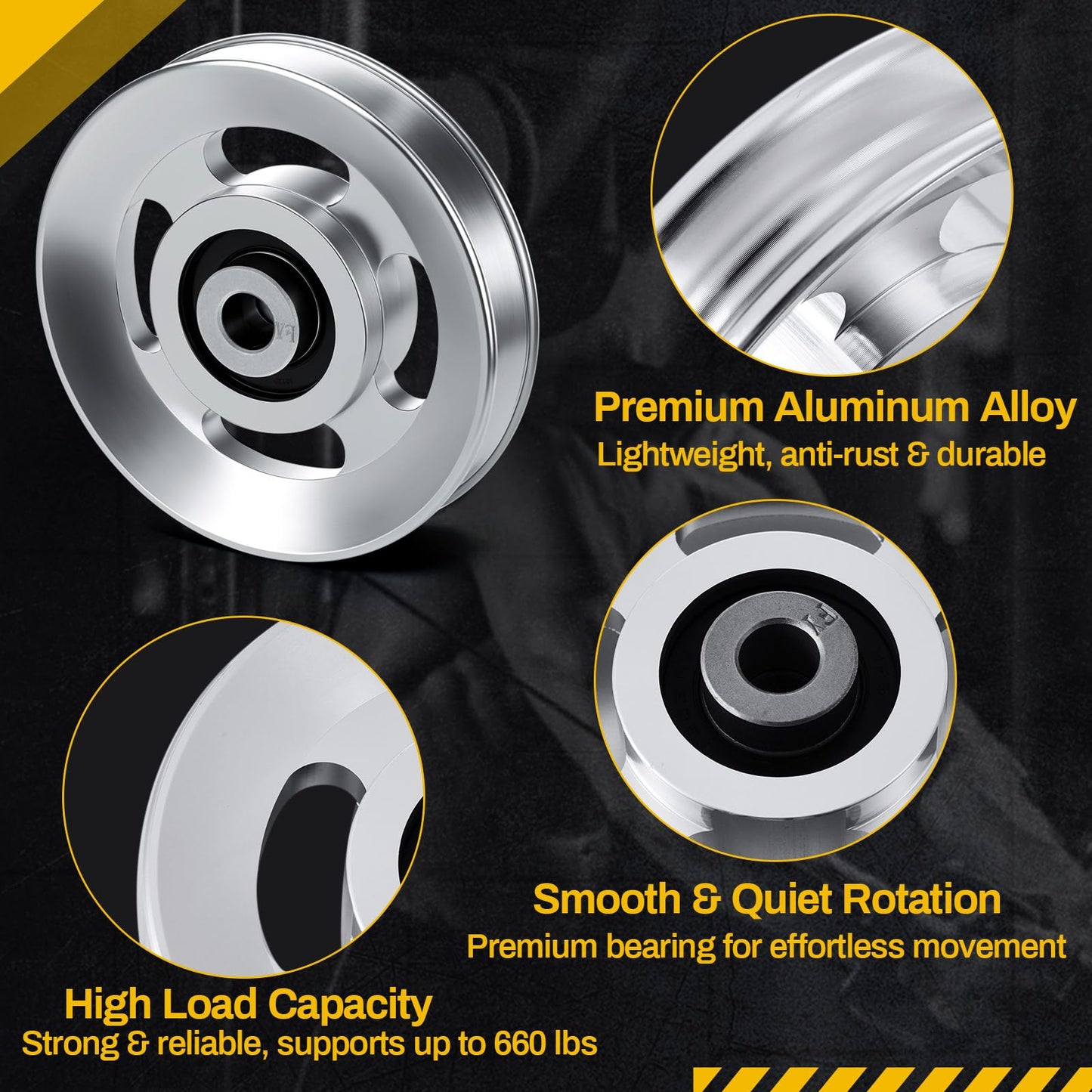 Soulchen 2/4/6/8/10/12 Pcs Aluminum Pulleys for Cable Machine Sets, 90mm Aluminum Alloy Bearing Gym Pulley Wheel for Home Gym Equipment Exercise Pulldown Attachments(Aluminium,Sliver,4 Pcs)